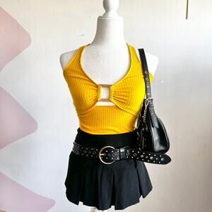 Yellow Halter Bodysuit Top,‎ Boho Chic, 70s Inspired, Vacation, Trendy, X-Small